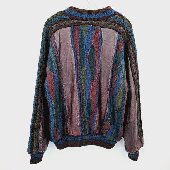 Saxony Collection Vintage 80s Cosby Sweater M Colorful Leather Suede HipHop 90s - Picture 10 of 11